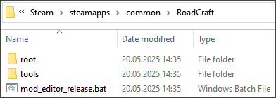 A screenshot of contents of the game build folder with mod_editor.bat file selected